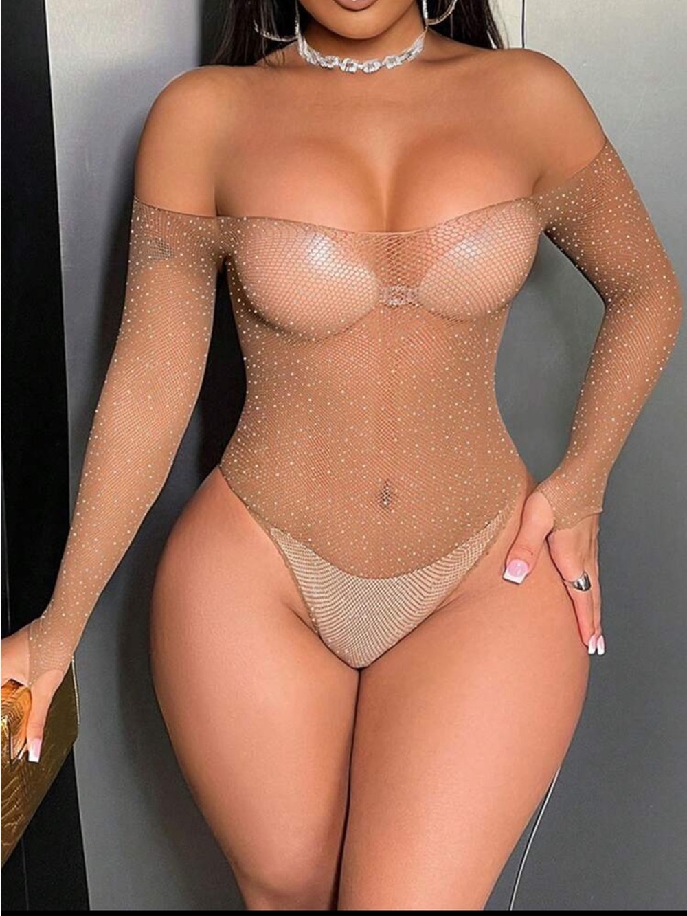 Sheer Nude Off-Shoulder Mesh Rhinestone Teddy Bodysuit NEW 🏷️